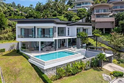 Villas "(PRICE REDUCED) Verano Residence - Contemporary 4+1 Bedroom Seaview Pool Villa in Chaweng Noi for Sale" 4 bedrooms, 5 showers, garden, private pool, sea view, district Chaweng Noi, 