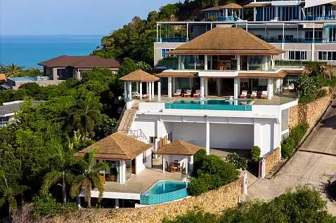 Villas "(PRICE REDUCED!) Narai Kiri Villa – Spacious 5 Bedroom Seaview Pool Villa in Plai Laem for sale" 5 bedrooms, 6 showers, garden, private pool, sea view, district Plai Laem, 