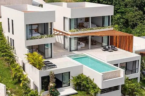 Villas "Villa Azure – Mediterranean 5 Bedroom Seaview Pool Villa in Chaweng for sale" 5 bedrooms, 6 showers, garden, gym, private pool, sea view, district Chaweng, 