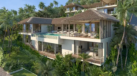 Villas "(SOLD) Pacific Sunset – Villa Komodo 5/8 Bedroom Seaview Pool Villa in Bang Makham for sale" 5 bedrooms, 6 showers, garden, private pool, sea view, walking distance to the beach, district Nathon, 