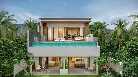 Villas "Icon Villas Phase 2 – Type C - 3 Bedroom Seaview Pool Villa in Fishermen’s Village for sale" 3 bedrooms, 4 showers, garden, private pool, sea view, walking distance to the beach, district Bophut, 