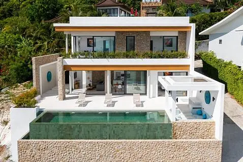 Villas "(SOLD) Enchanting 3 Bedroom Seaview Pool Villa in Bophut for sale" 3 bedrooms, 4 showers, garden, private pool, sea view, district Bophut, 